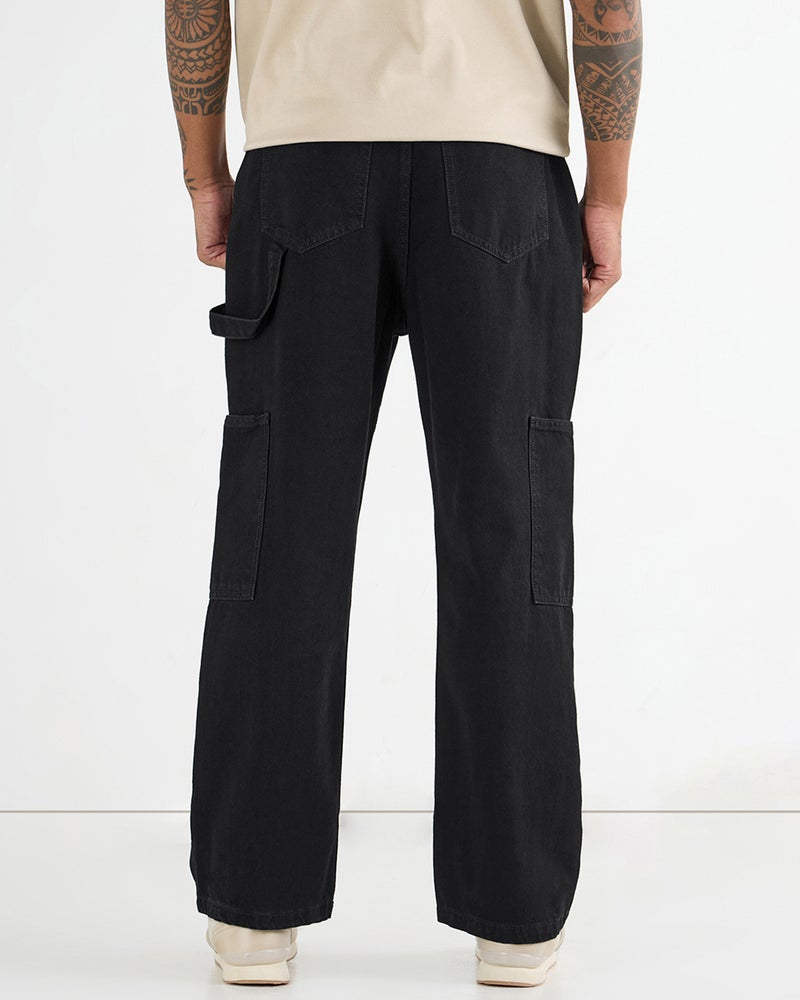bewakoof Men's Black Washed Baggy Fit Carpenter Jeans - Image 3